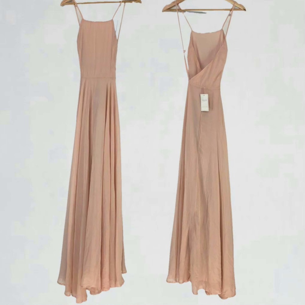 Maniju Maxi Dress Women L Blush Pink Open Back Chiffon Formal Evening m27409